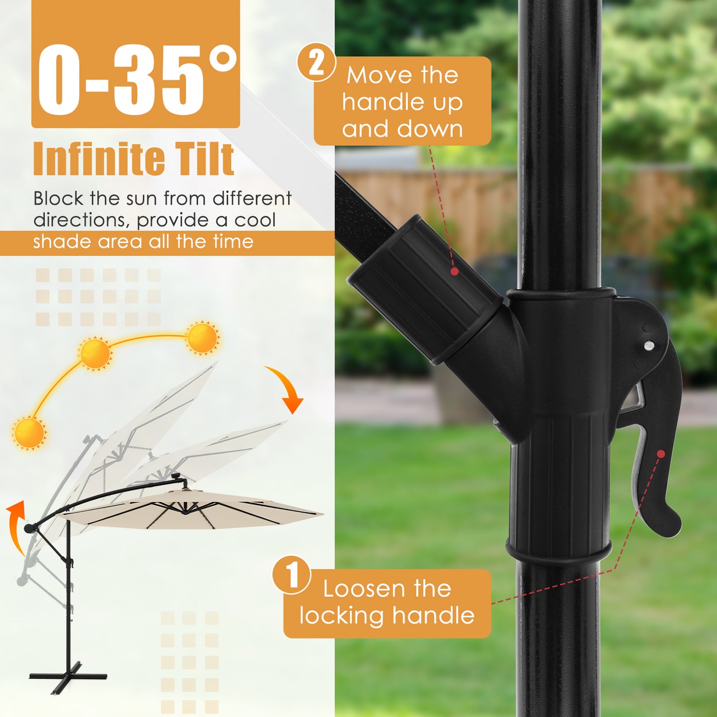 10 Feet Solar Offset Hanging Umbrella with 40 Lamp Beads and Solar Panel-Beige