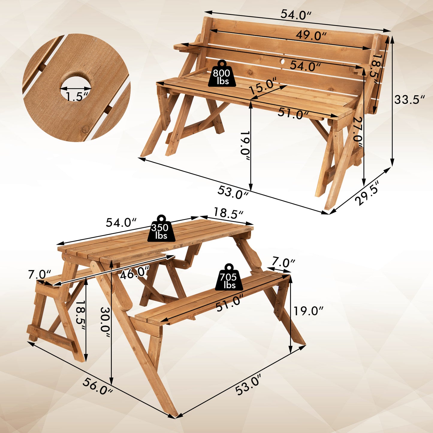 2-in-1 Transforming Interchangeable Wooden Picnic Table Bench with Umbrella Hole-Natural