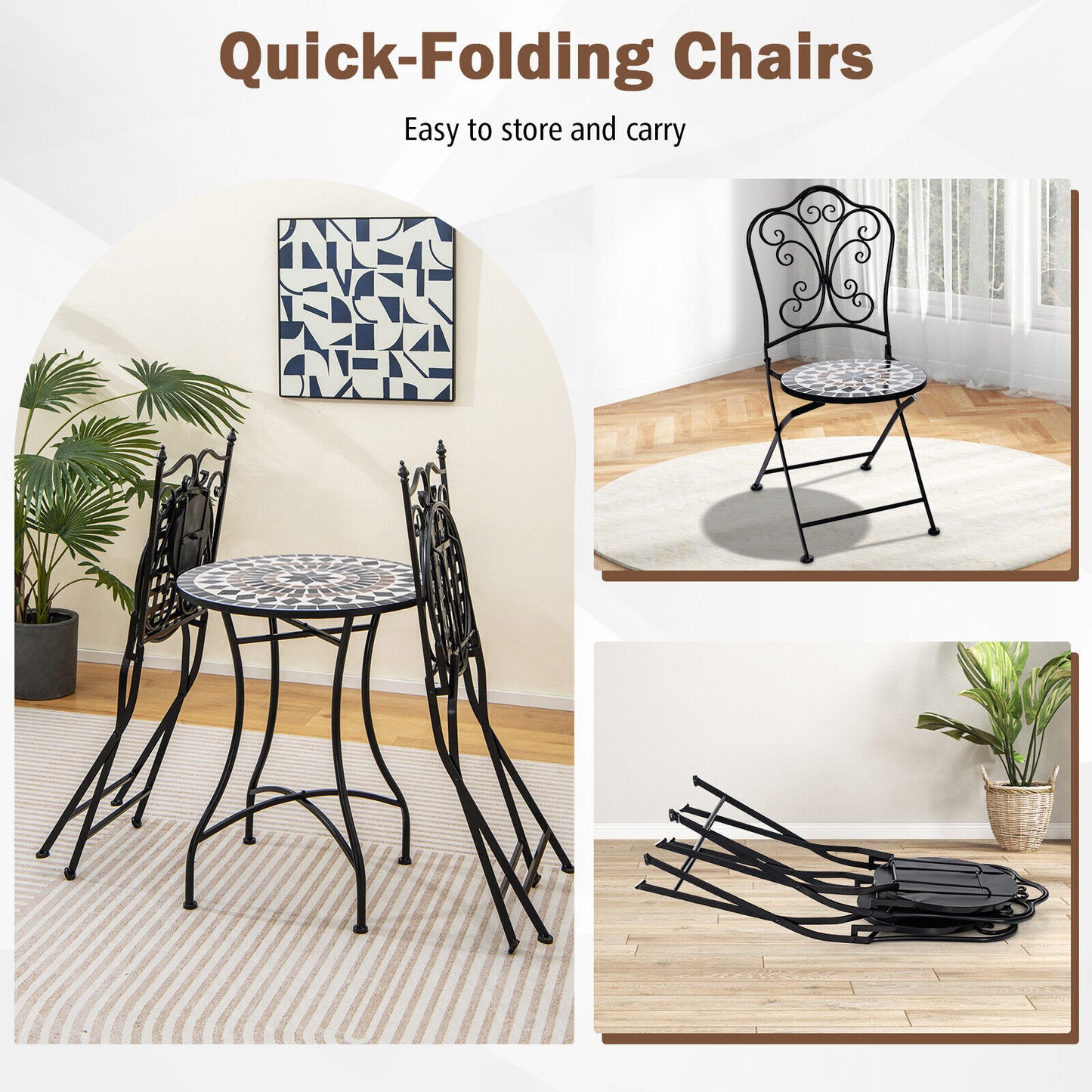 3 Piece Patio Bistro Set with Round Table and 2 Folding Chairs