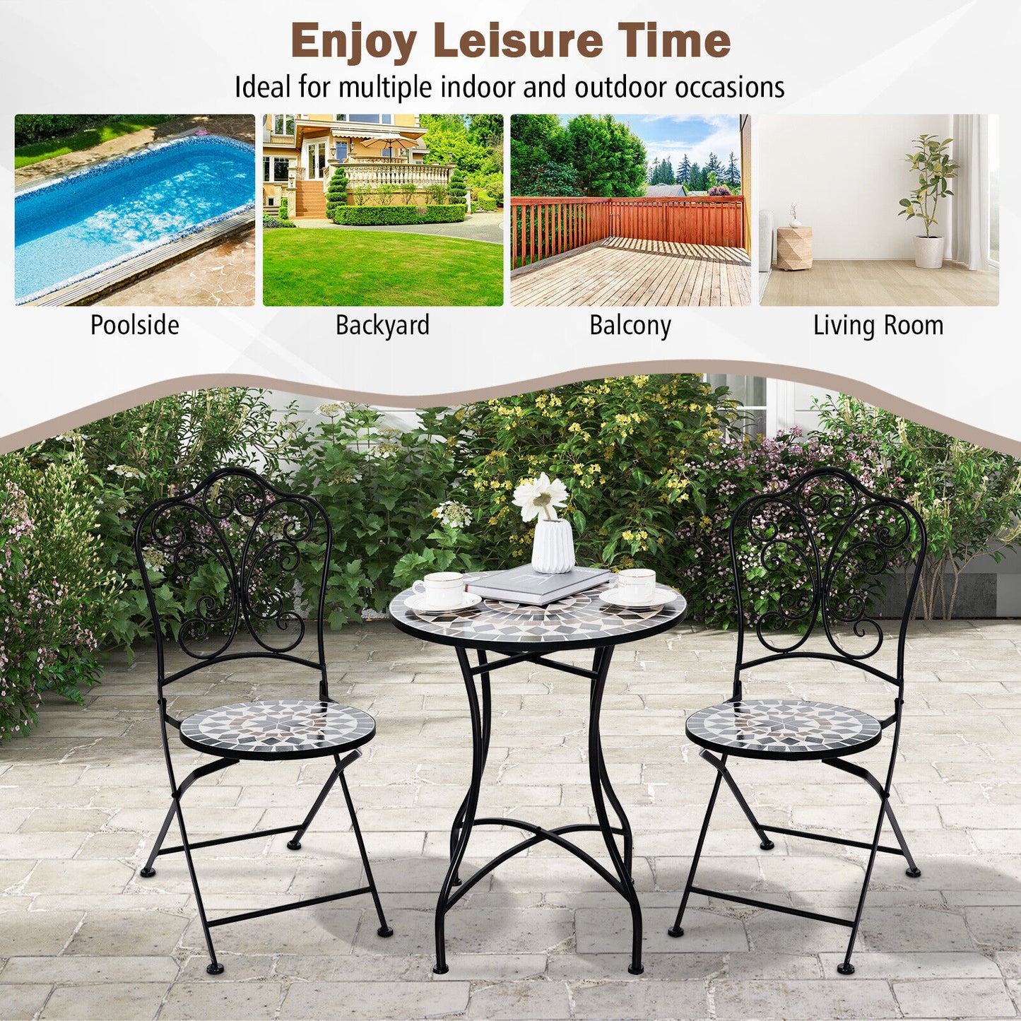 3 Piece Patio Bistro Set with Round Table and 2 Folding Chairs