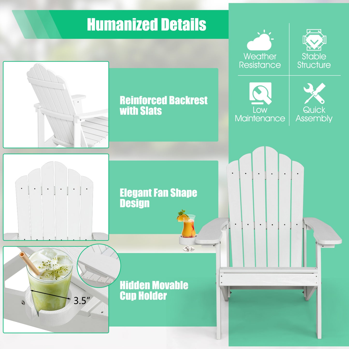 Weather Resistant HIPS Outdoor Adirondack Chair with Cup Holder-White