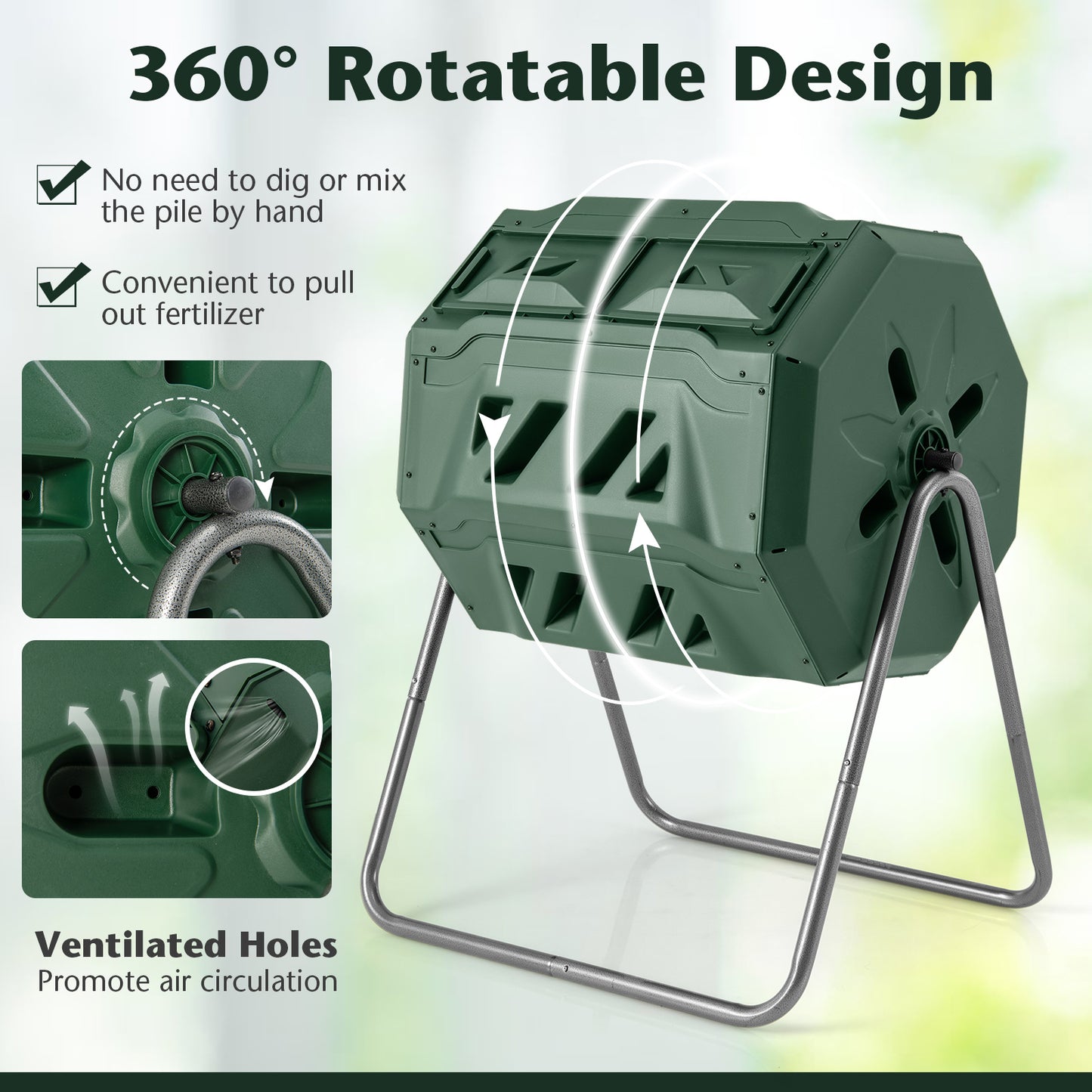 360° Rotatable Tumbling Composter with 2 Sliding Doors-Green