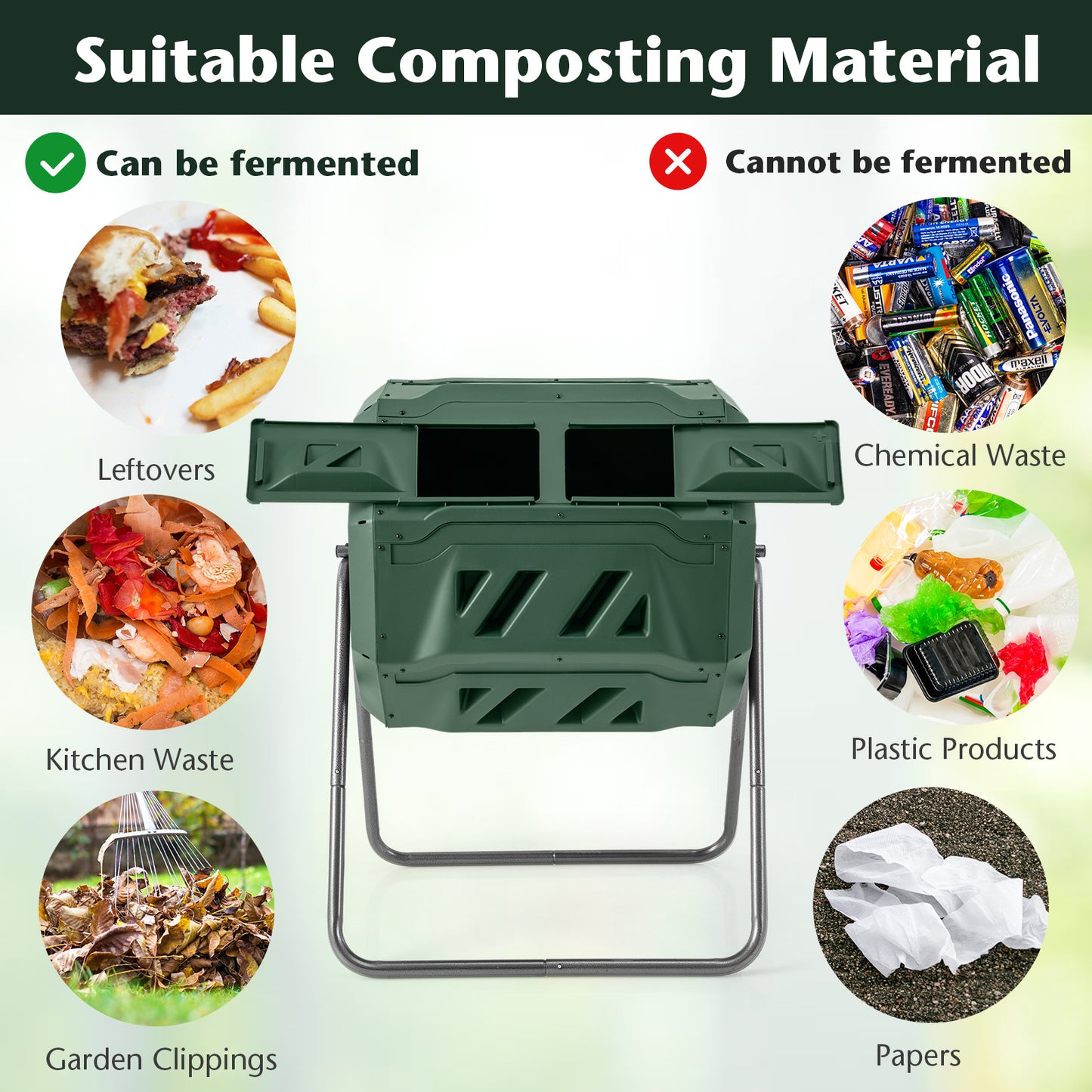 360° Rotatable Tumbling Composter with 2 Sliding Doors-Green