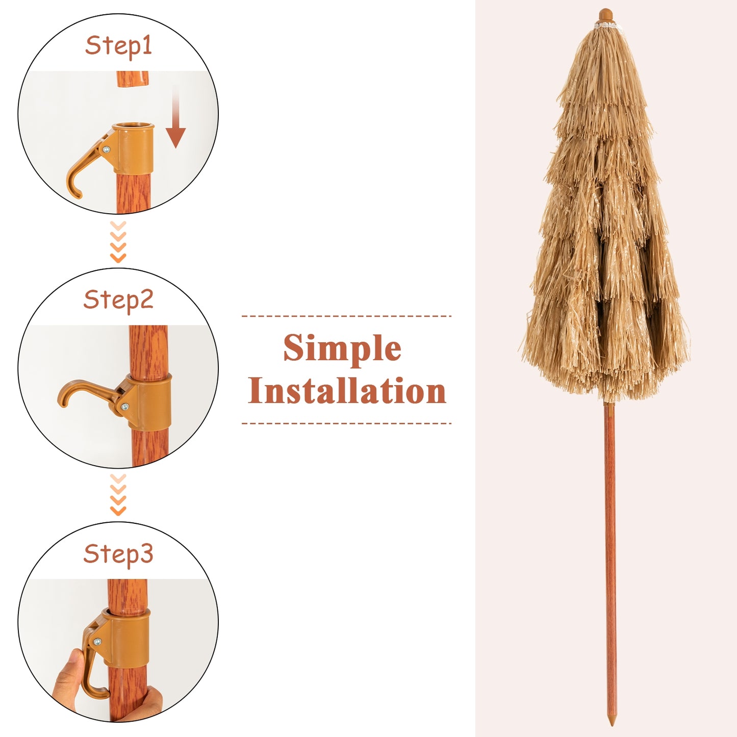 6.5 Feet Portable Thatched Tiki Beach Umbrella with Adjustable Tilt for Poolside and Backyard