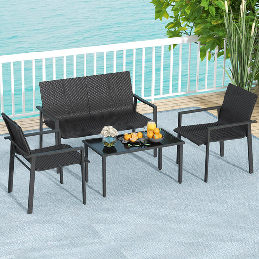 A 4 piece patio furniture set with a black metal frame and brown PE rattan weave, including two chairs, a loveseat, and a rectangular coffee table with a glass top.
