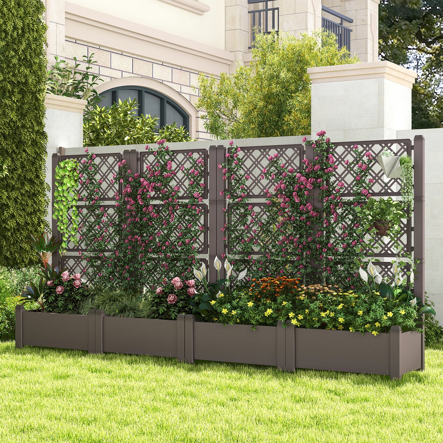 Outdoor Planter Box Self-Watering Raised Garden Bed Trellis with Water Level Indicator-Coffee