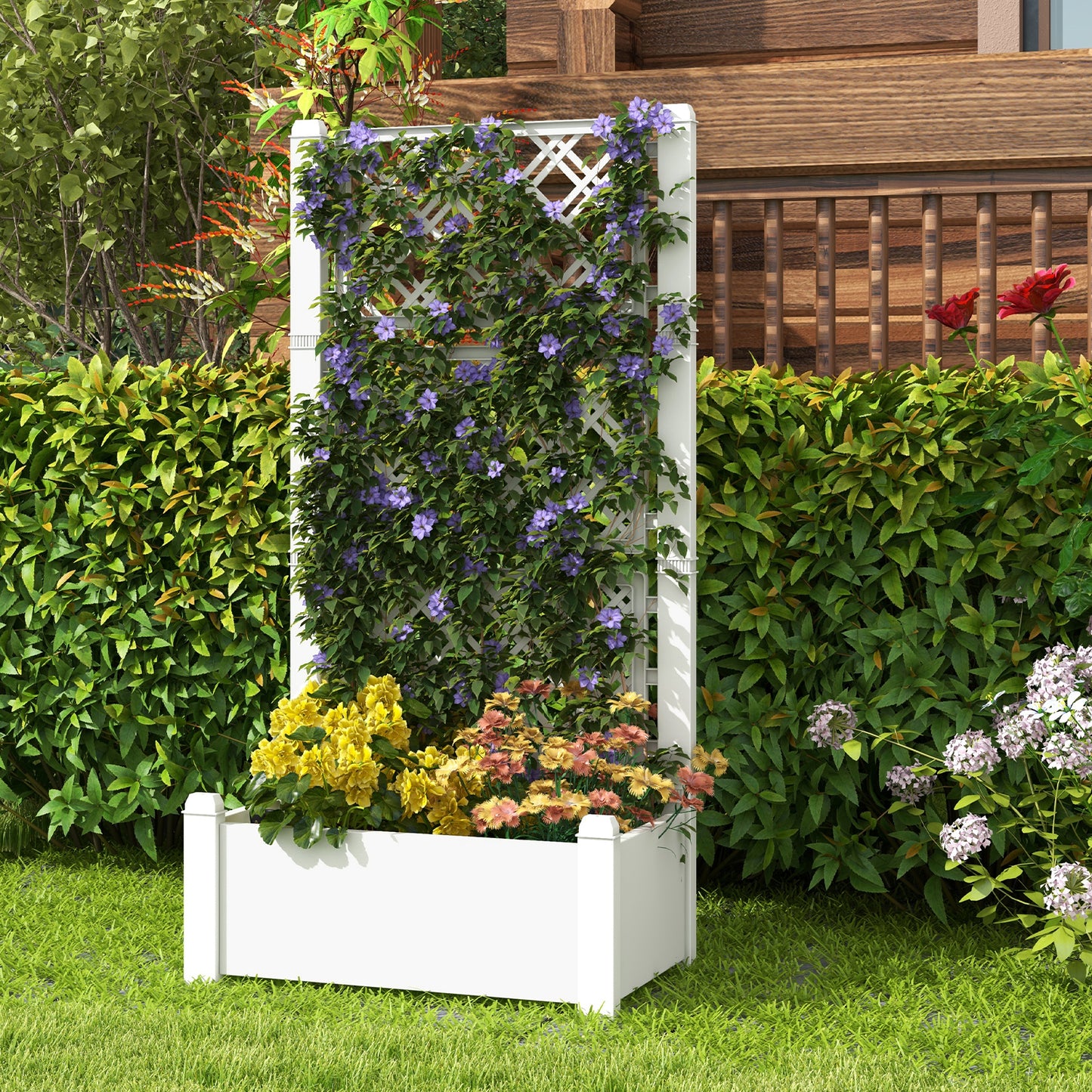 Outdoor Planter Box Self-Watering Raised Garden Bed Trellis with Water Level Indicator-Greyish-white