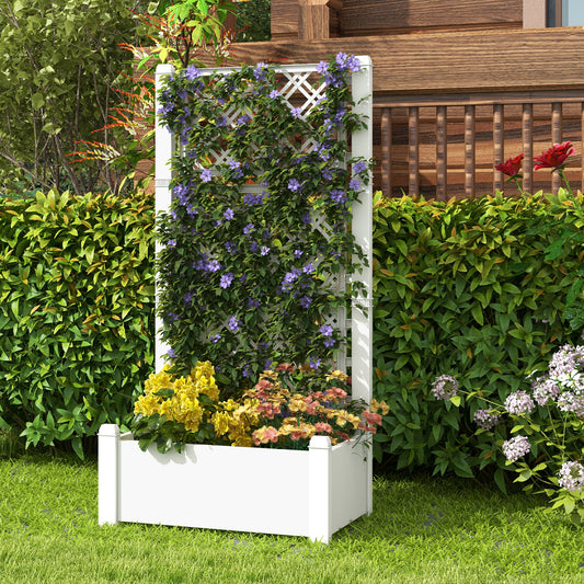 Outdoor Planter Box Self-Watering Raised Garden Bed Trellis with Water Level Indicator-Greyish-white