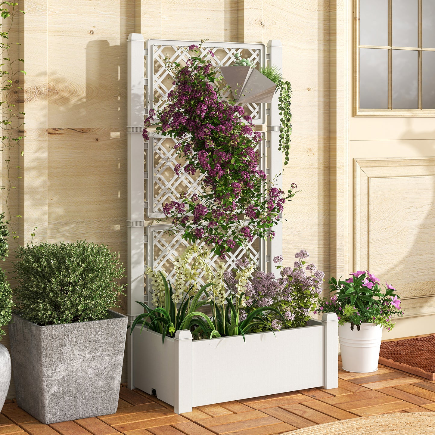 Outdoor Planter Box Self-Watering Raised Garden Bed Trellis with Water Level Indicator-Greyish-white
