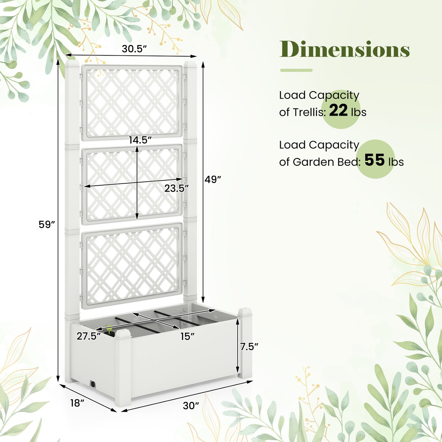 Outdoor Planter Box Self-Watering Raised Garden Bed Trellis with Water Level Indicator-Greyish-white