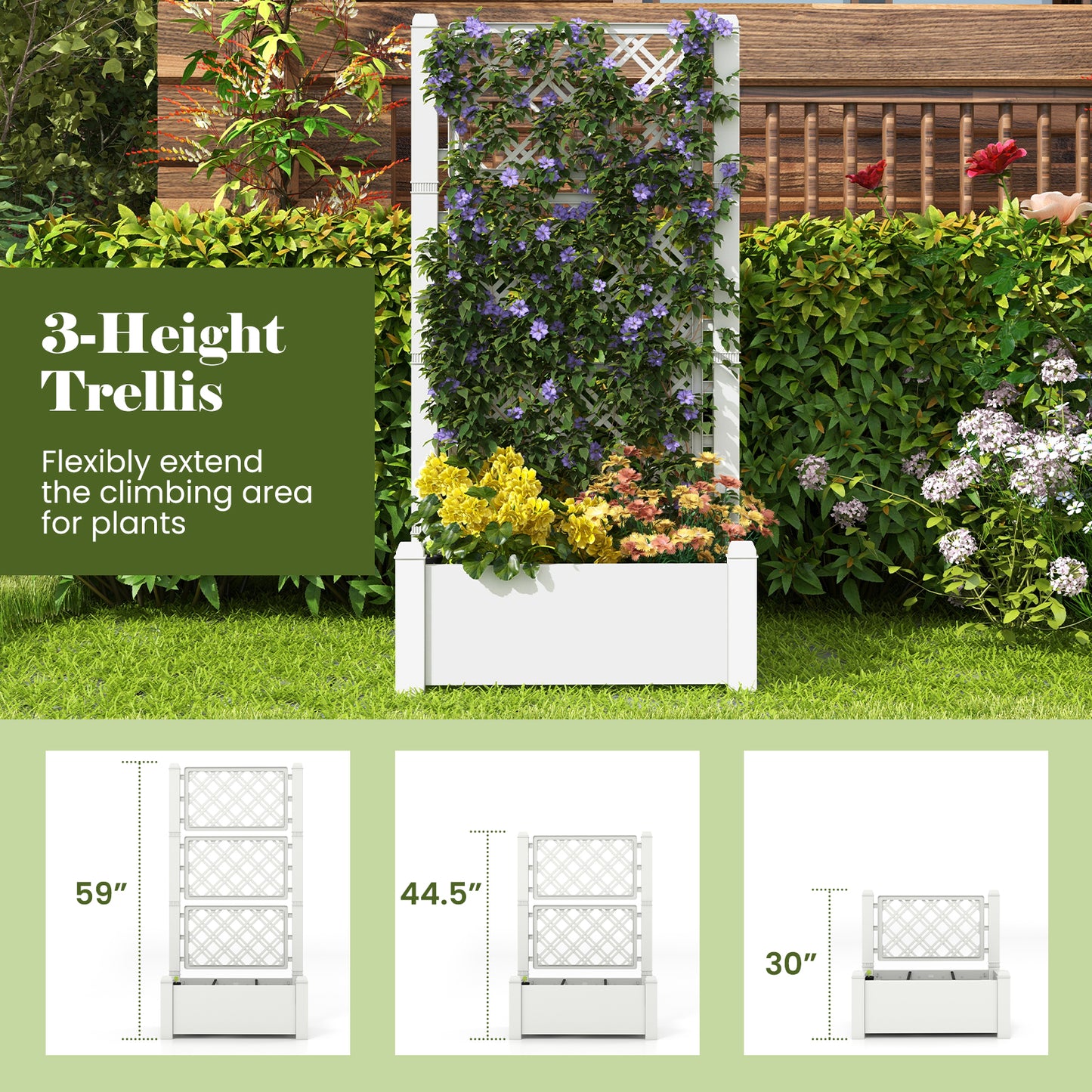 Outdoor Planter Box Self-Watering Raised Garden Bed Trellis with Water Level Indicator-Greyish-white