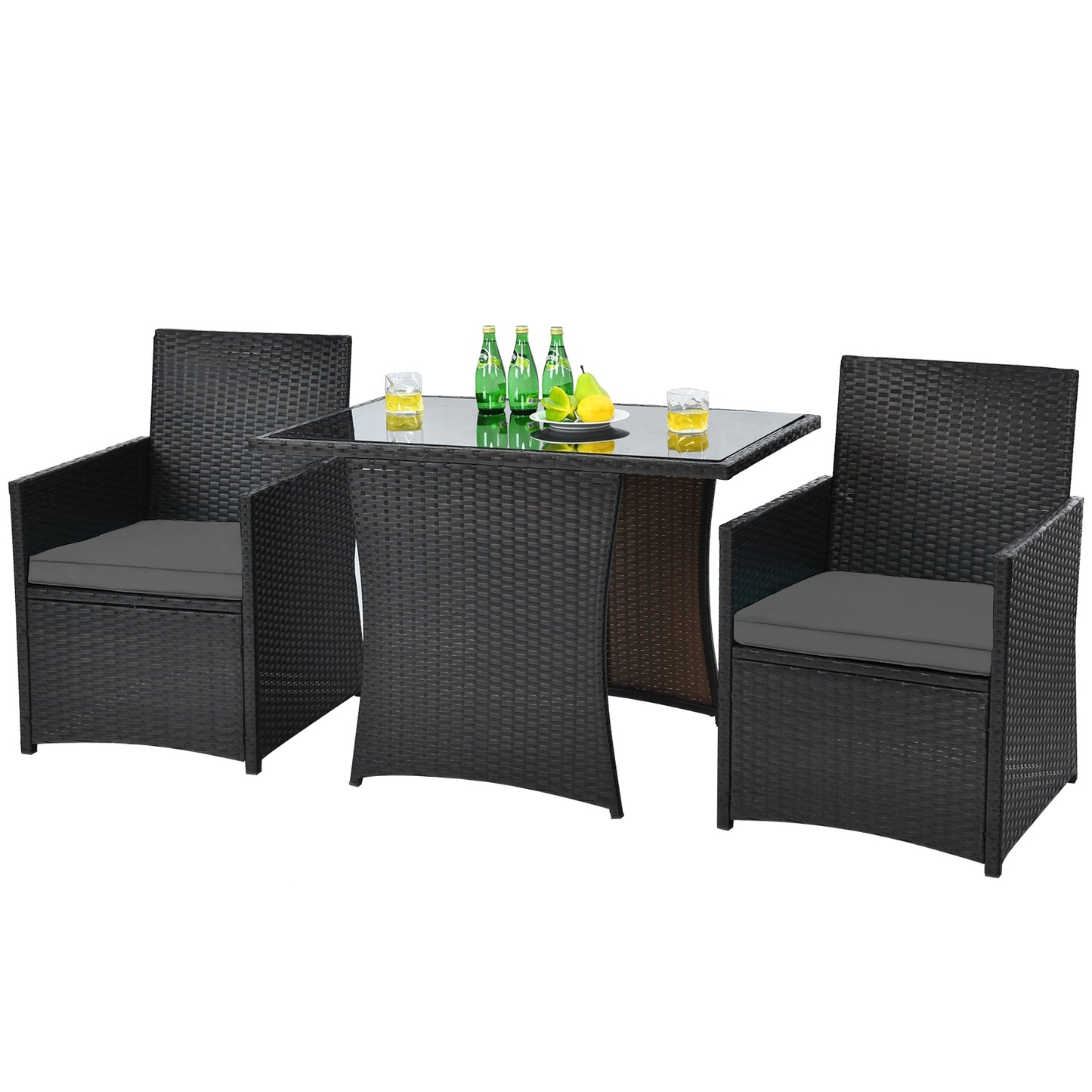 3 Pieces Patio Rattan Furniture Set with Cushion and Sofa Armrest-Gray