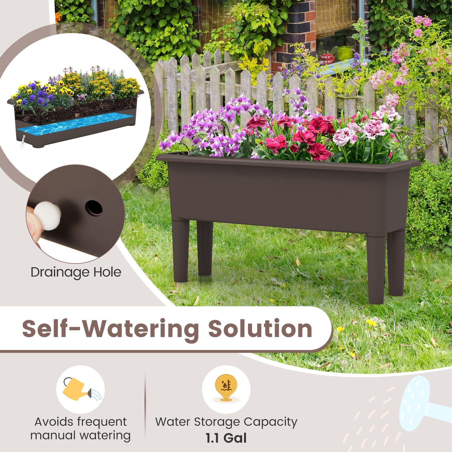 2 PCS Raised Garden Beds Self-Watering Planter Box with Detachable Legs and Drainage Hole-Coffee