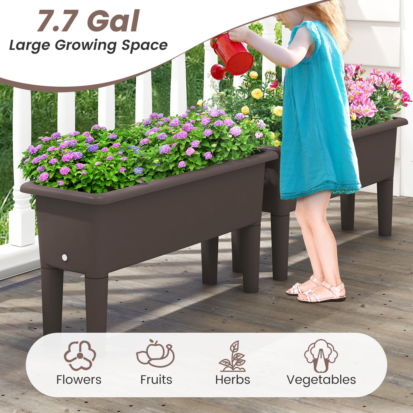 2 PCS Raised Garden Beds Self-Watering Planter Box with Detachable Legs and Drainage Hole-Coffee