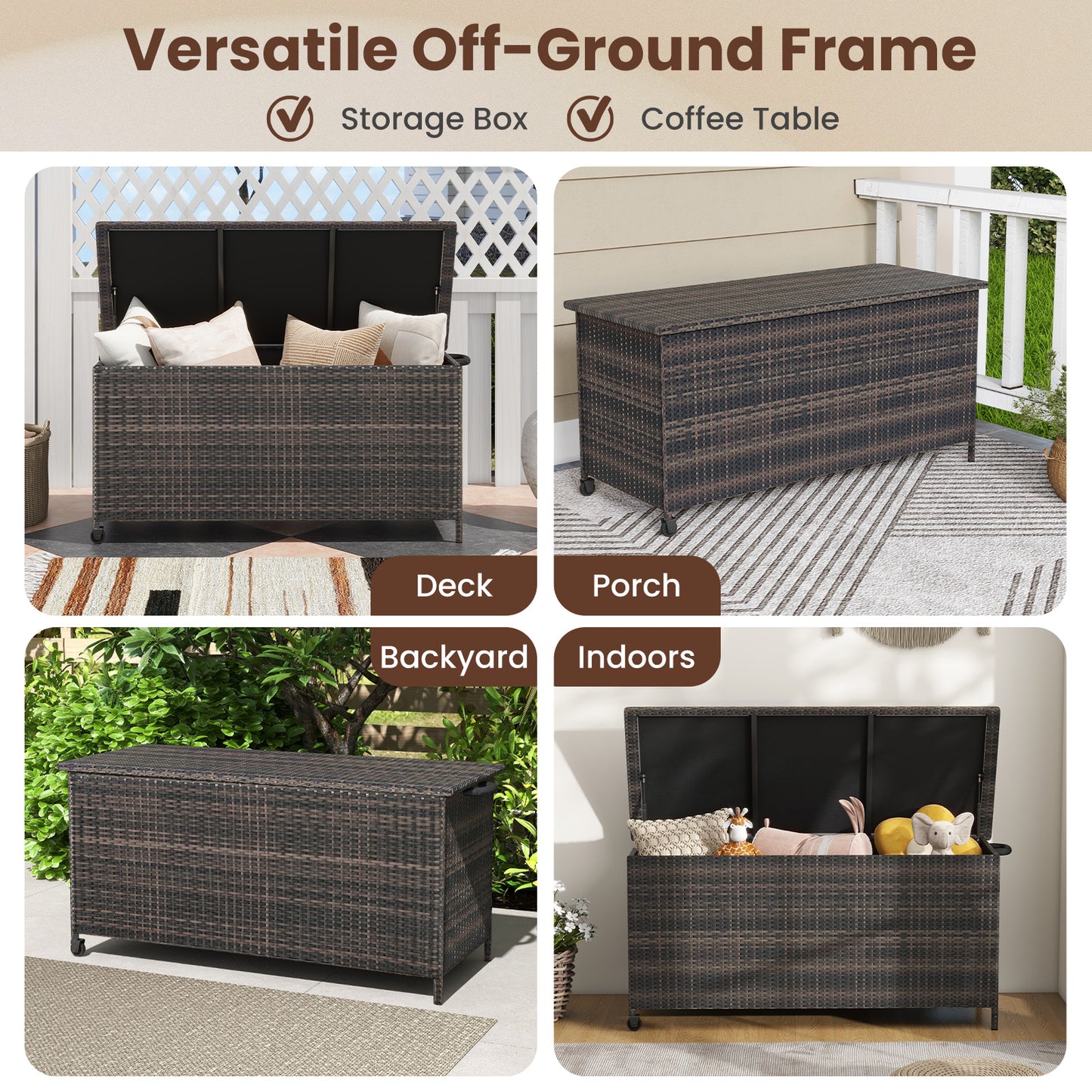 Indoor Outdoor 85 Gallon Storage Container with Waterproof Liner and Universal Wheels-Brown
