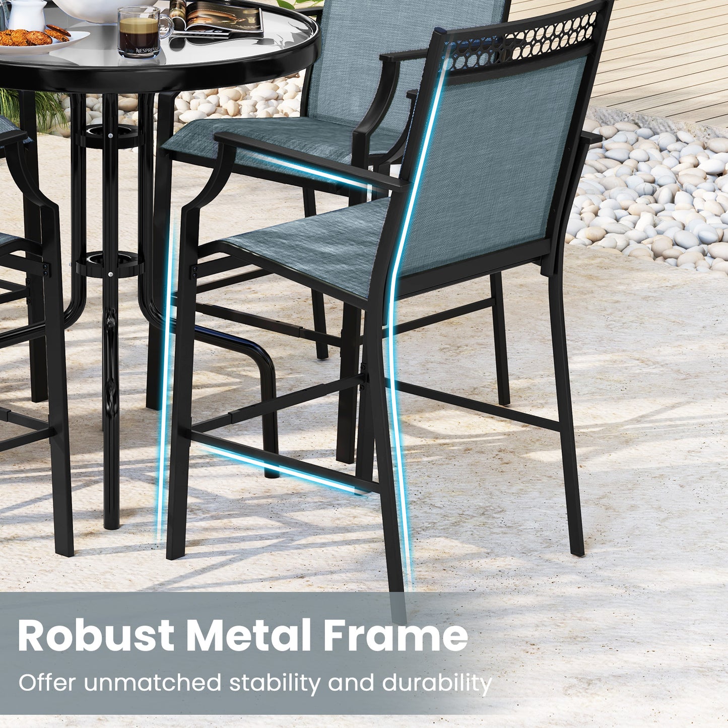 Outdoor Counter Stools Set of 2 Heavy-Duty Barstools with Footrest and Armrests-Blue