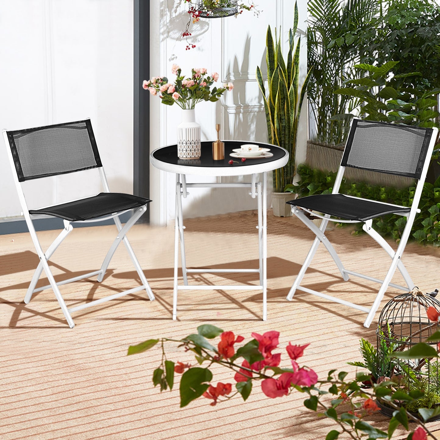3 PCS Folding Bistro Table Chairs Set Garden Backyard Patio Furniture Black New-Black