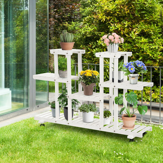 4-Tier Wood Casters Rolling Shelf Plant Stand with 6 Wood Shelves-White