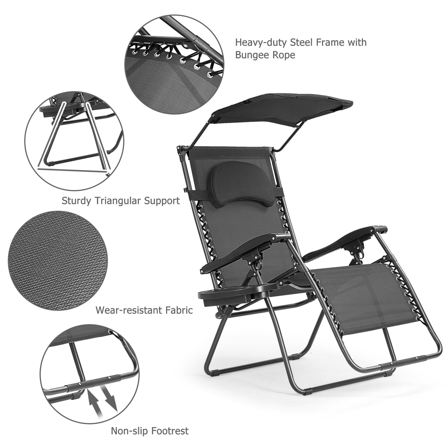 Folding Recliner Lounge Chair w/ Shade Canopy Cup Holder-Black