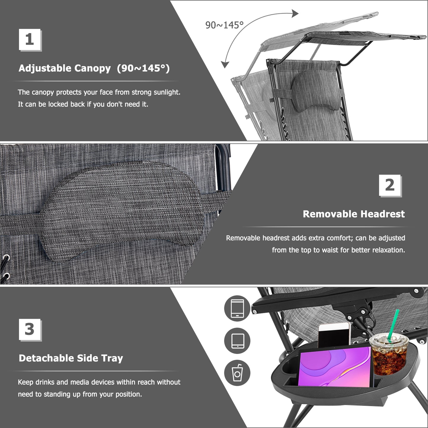 Folding Recliner Lounge Chair w/ Shade Canopy Cup Holder-Gray