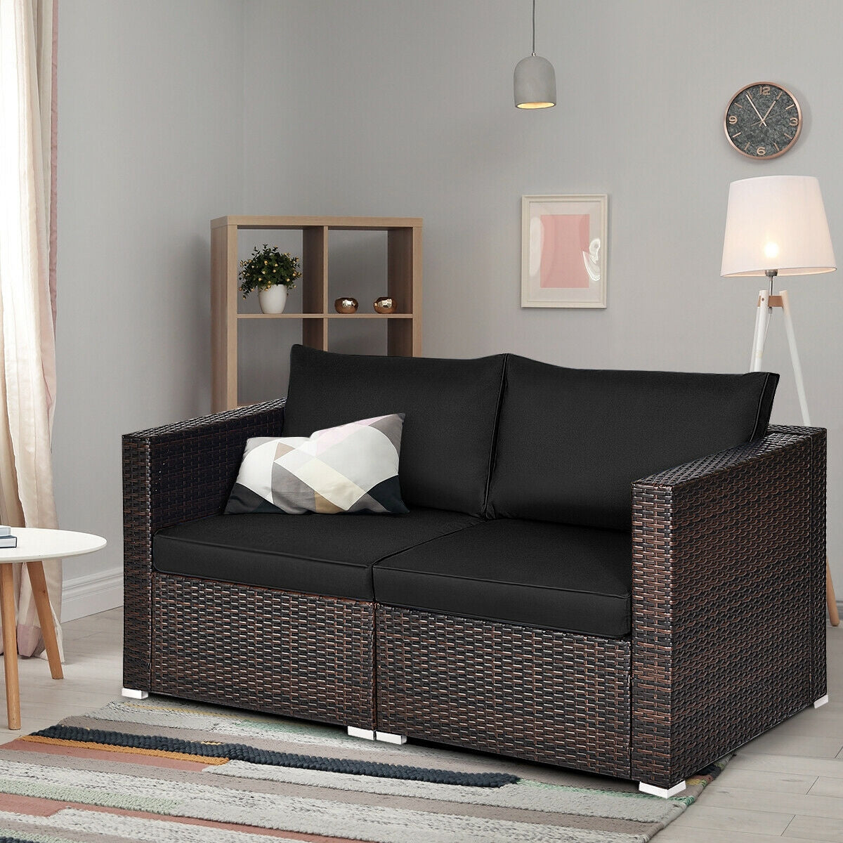 2 Pieces Patio Rattan Sectional Conversation Sofa Set-Black
