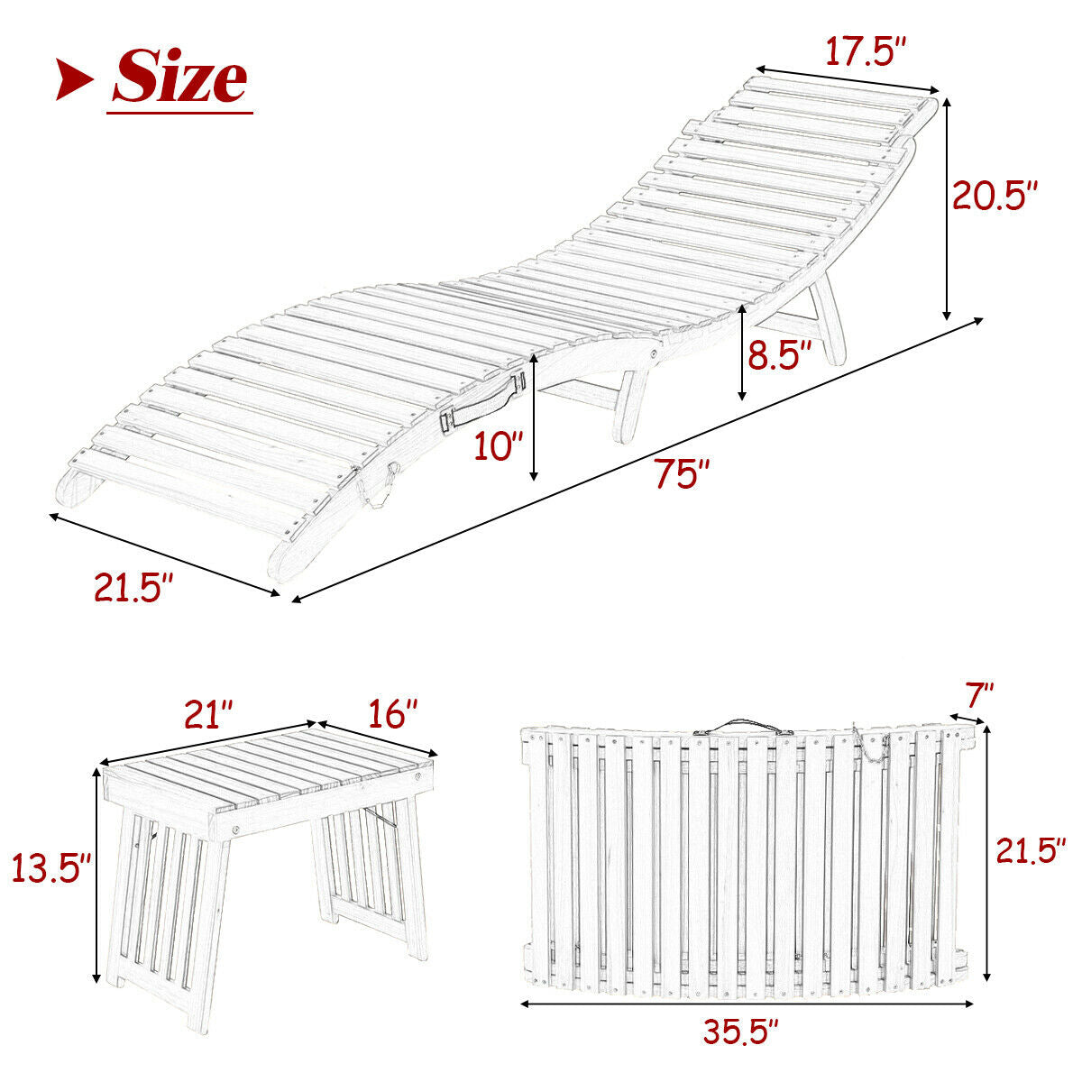 3 Pieces of Wooden Folding Patio Lounge Chair Table Set