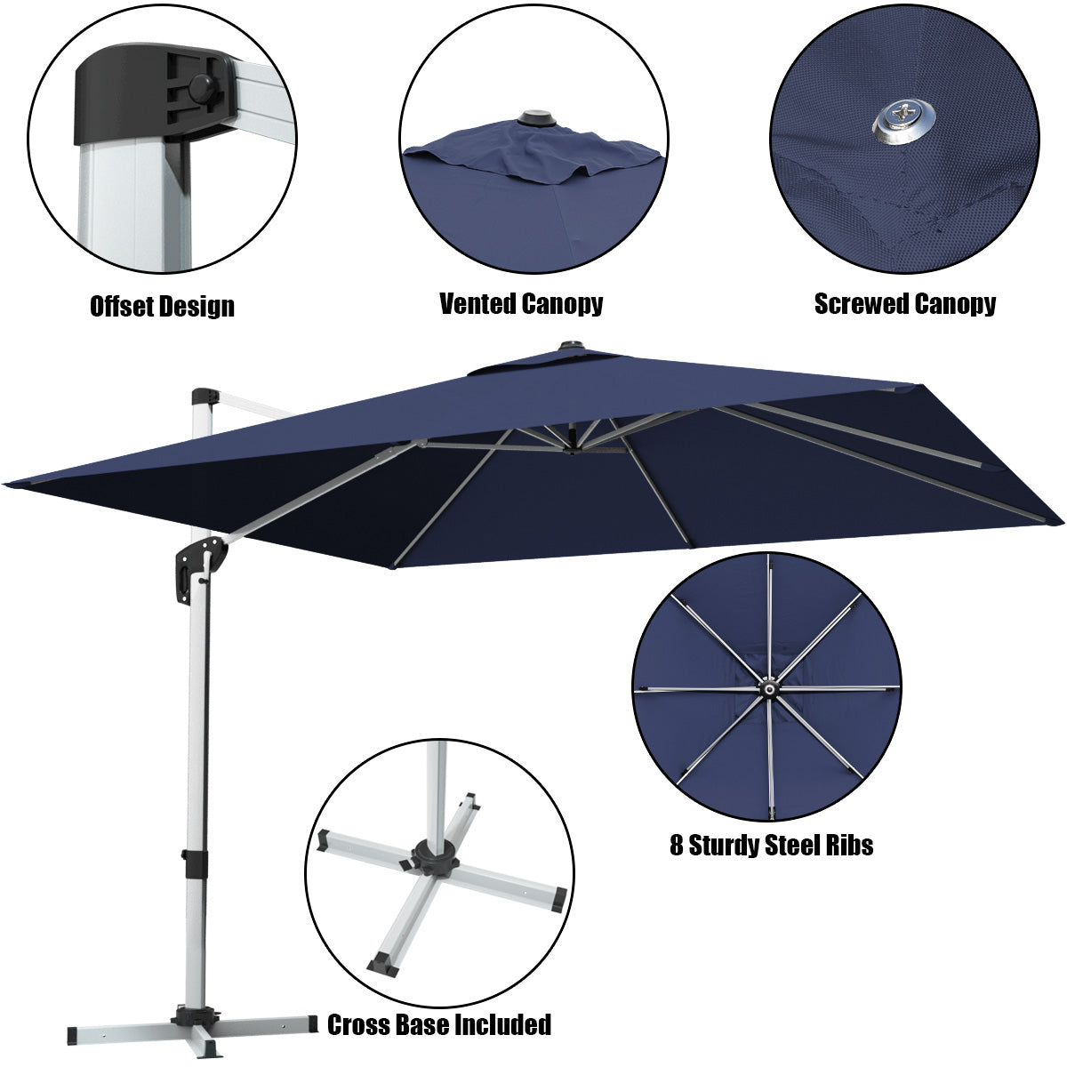 10 Feet 360° Tilt Aluminum Square Patio Umbrella without Weight Base-Navy