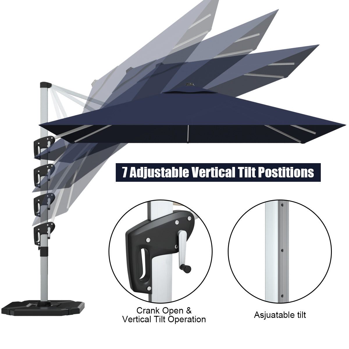 10 Feet 360° Tilt Aluminum Square Patio Umbrella without Weight Base-Navy