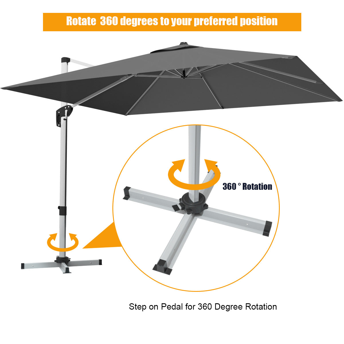 10 Feet 360° Tilt Aluminum Square Patio Umbrella without Weight Base-Gray