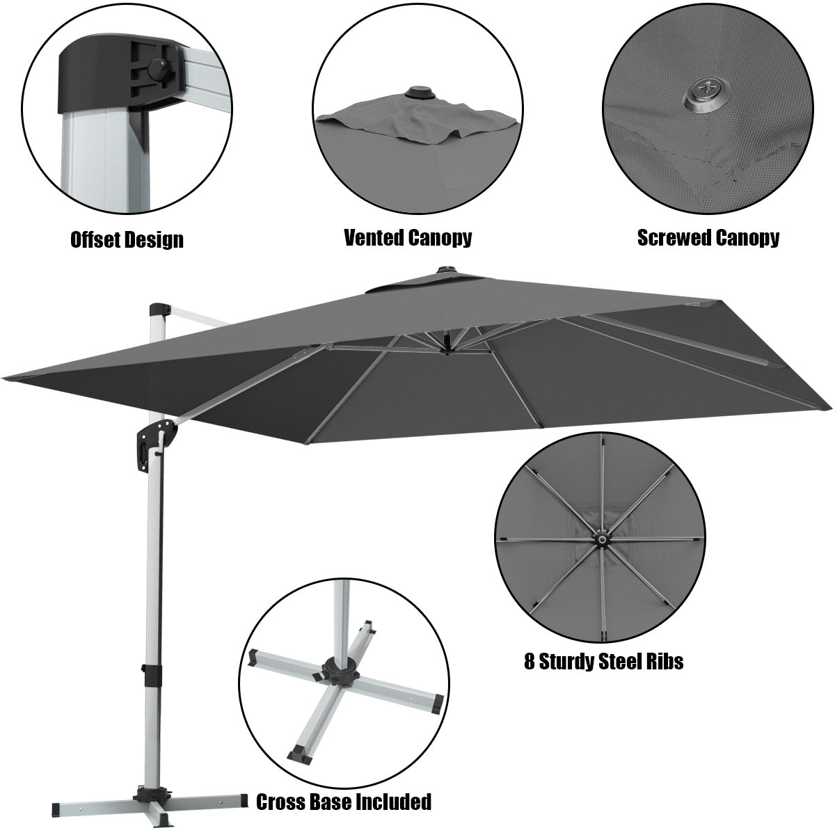 10 Feet 360° Tilt Aluminum Square Patio Umbrella without Weight Base-Gray