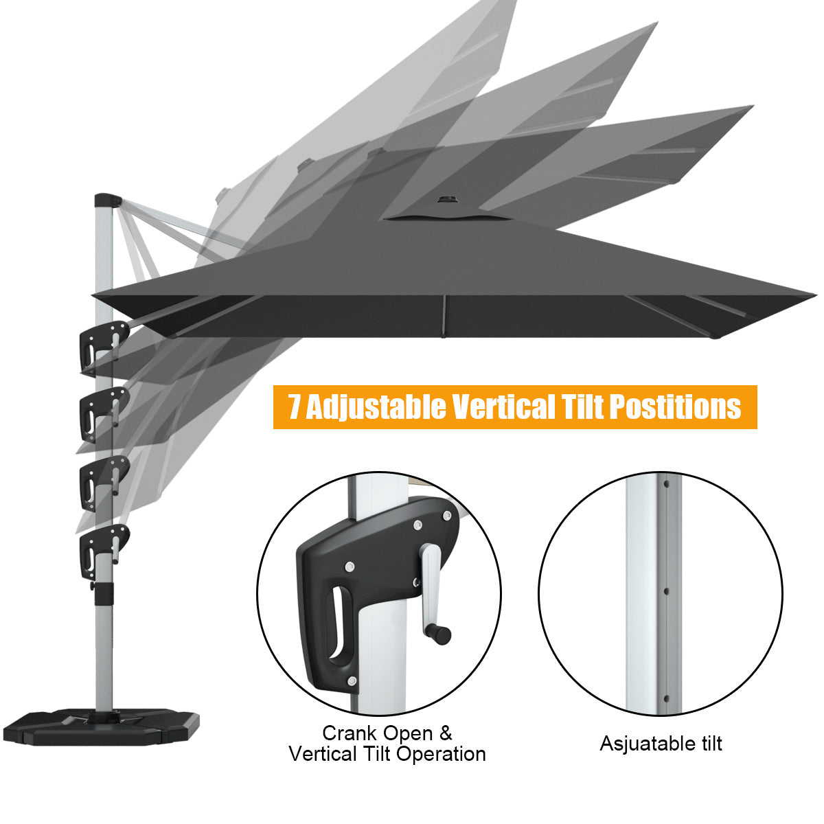 10 Feet 360° Tilt Aluminum Square Patio Umbrella without Weight Base-Gray