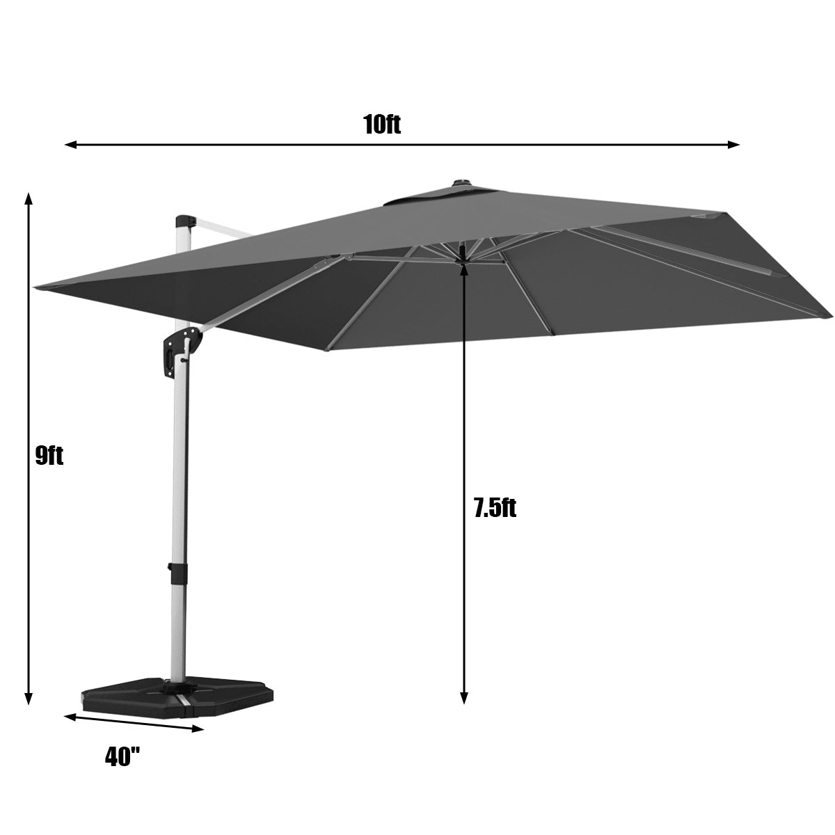 10 Feet 360° Tilt Aluminum Square Patio Umbrella without Weight Base-Gray