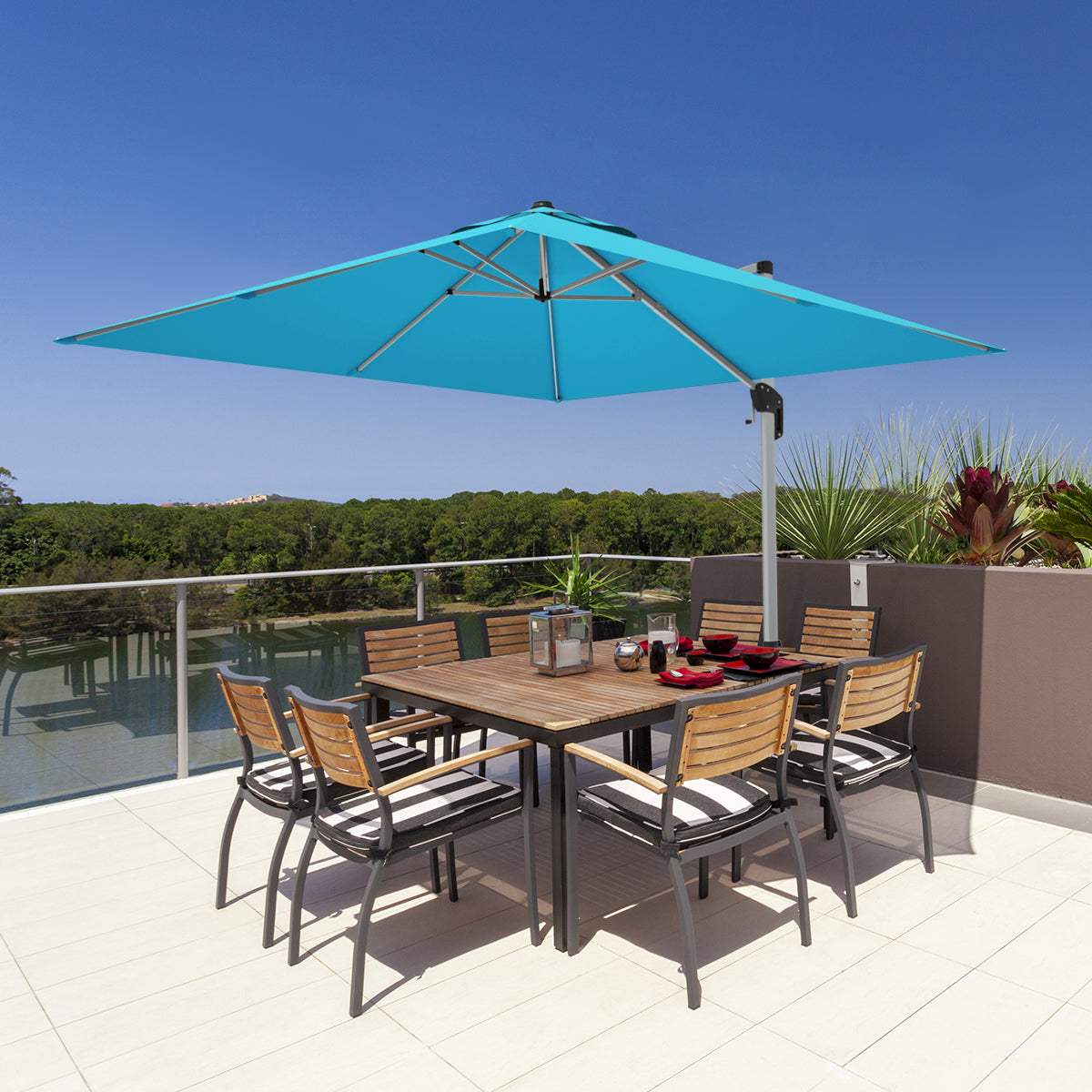 10 ft 360 Degree Tilt Aluminum Square Patio Offset Cantilever Umbrella without Weight Base-Blue