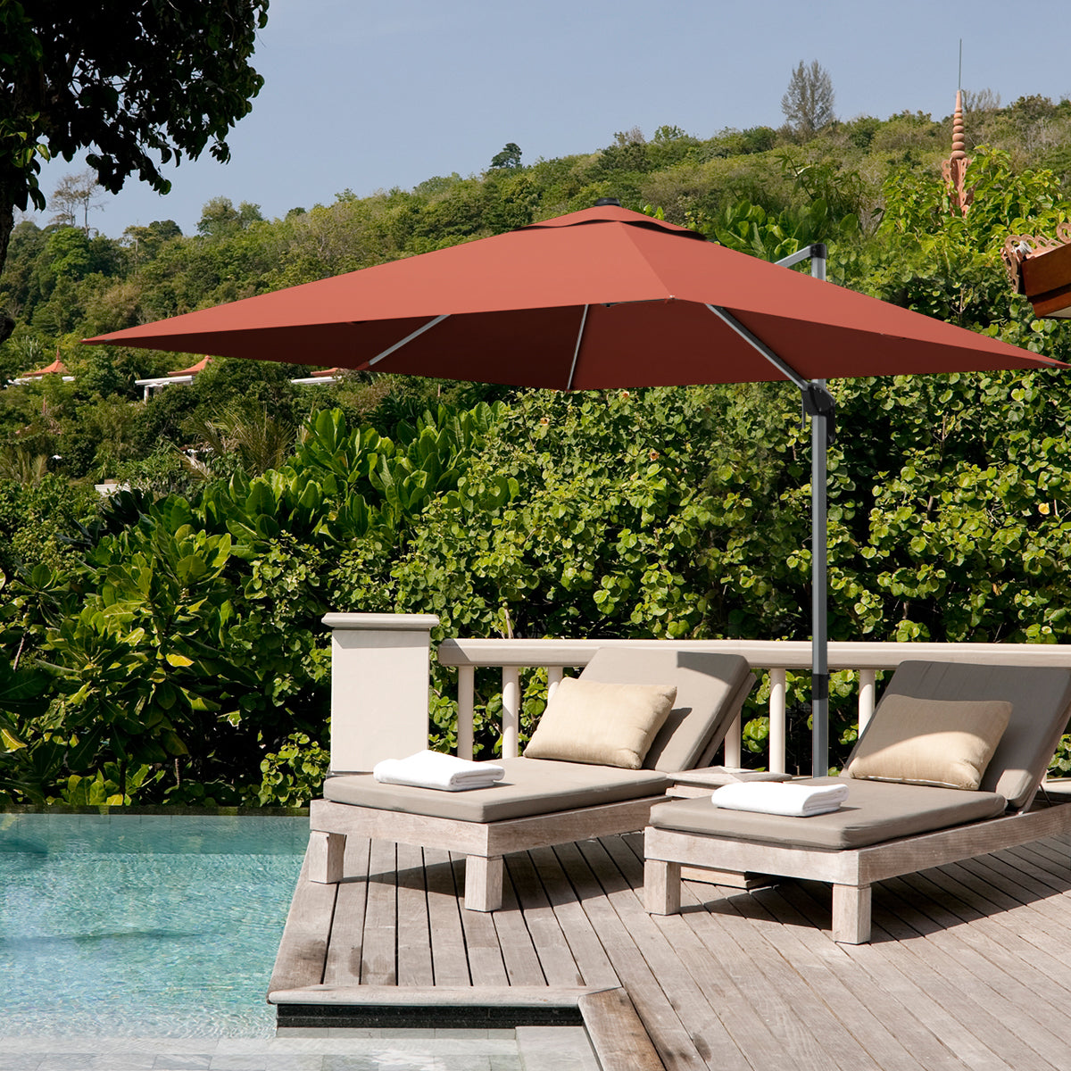 10 ft 360 Degree Tilt Aluminum Square Patio Offset Cantilever Umbrella without Weight Base-Brick red