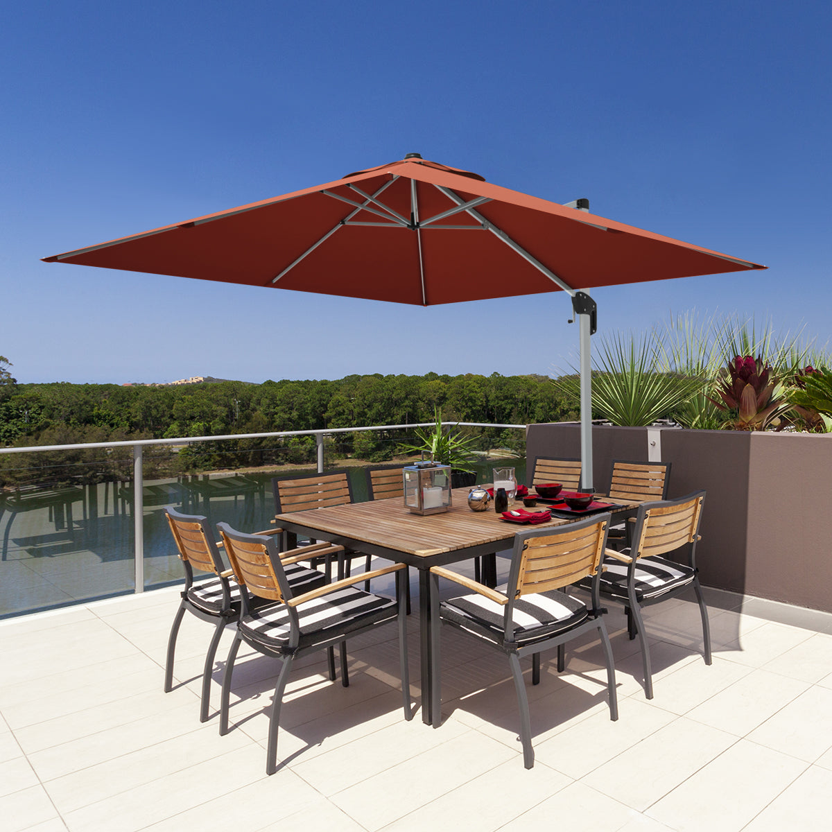 10 ft 360 Degree Tilt Aluminum Square Patio Offset Cantilever Umbrella without Weight Base-Brick red