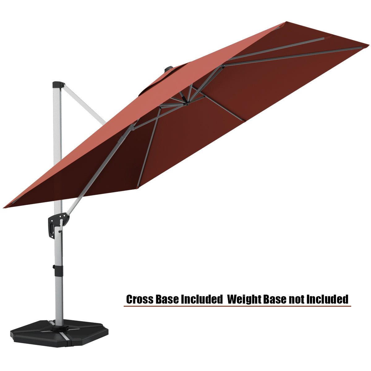 10 ft 360 Degree Tilt Aluminum Square Patio Offset Cantilever Umbrella without Weight Base-Brick red
