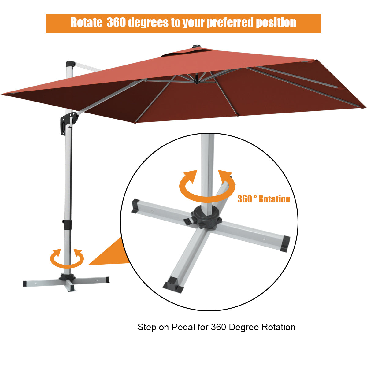 10 ft 360 Degree Tilt Aluminum Square Patio Offset Cantilever Umbrella without Weight Base-Brick red