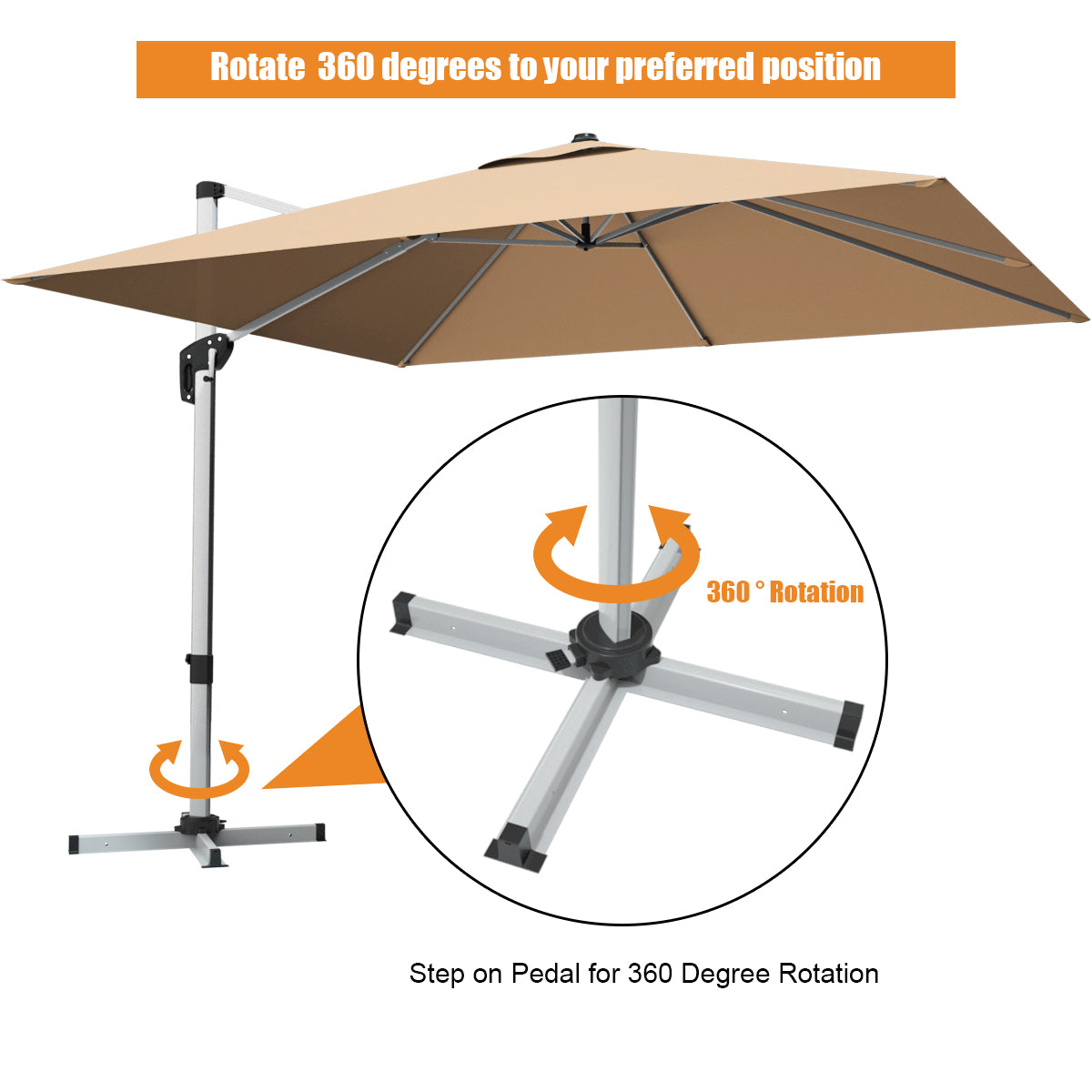 10 ft 360 Degree Tilt Aluminum Square Patio Offset Cantilever Umbrella without Weight Base-Beige
