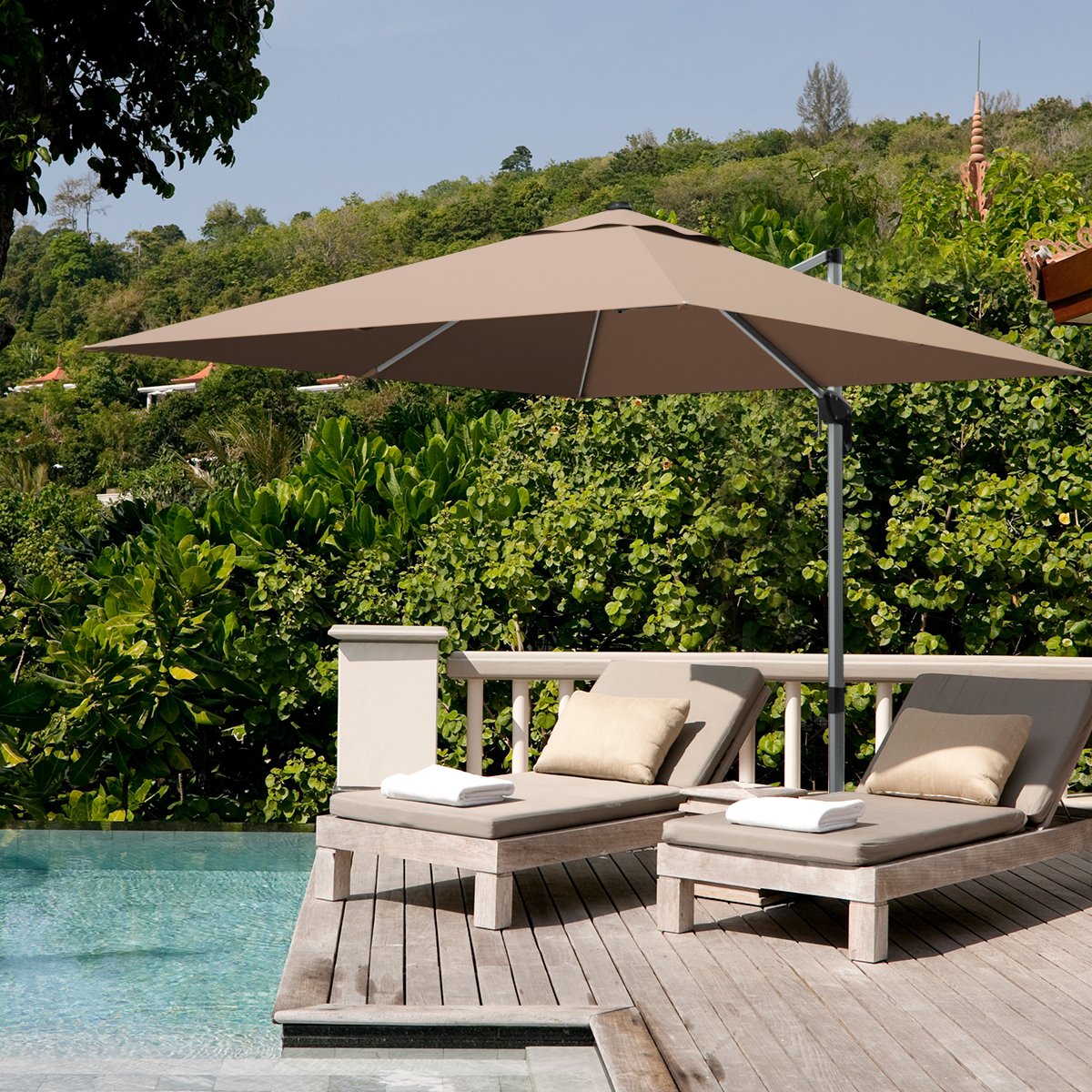 10 ft 360 Degree Tilt Aluminum Square Patio Offset Cantilever Umbrella without Weight Base-Tan