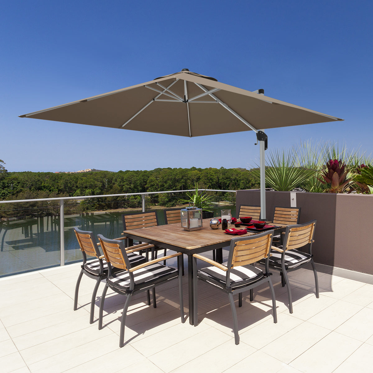 10 ft 360 Degree Tilt Aluminum Square Patio Offset Cantilever Umbrella without Weight Base-Tan