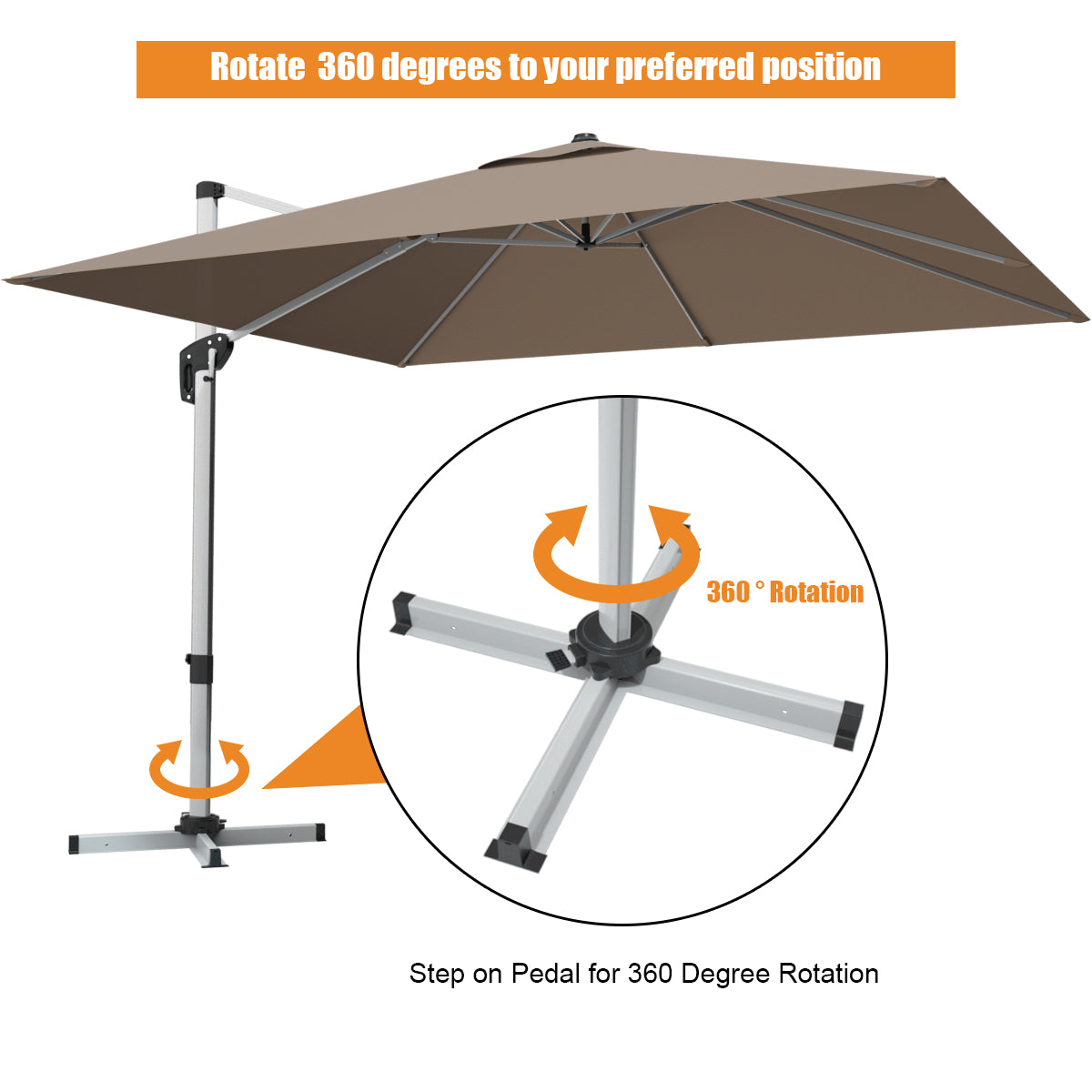 10 ft 360 Degree Tilt Aluminum Square Patio Offset Cantilever Umbrella without Weight Base-Tan