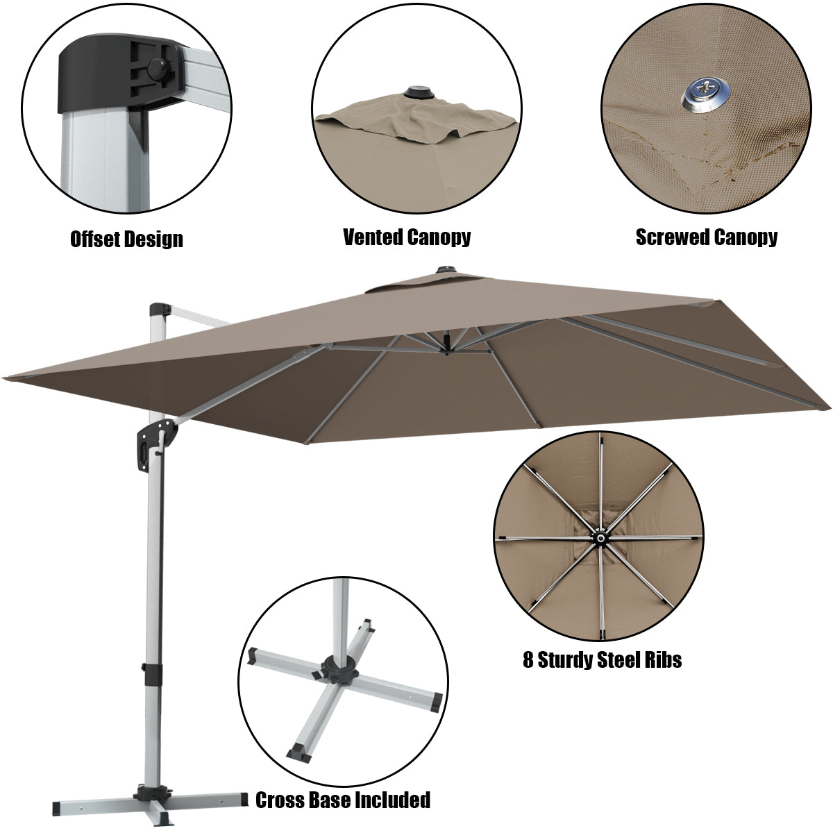 10 ft 360 Degree Tilt Aluminum Square Patio Offset Cantilever Umbrella without Weight Base-Tan