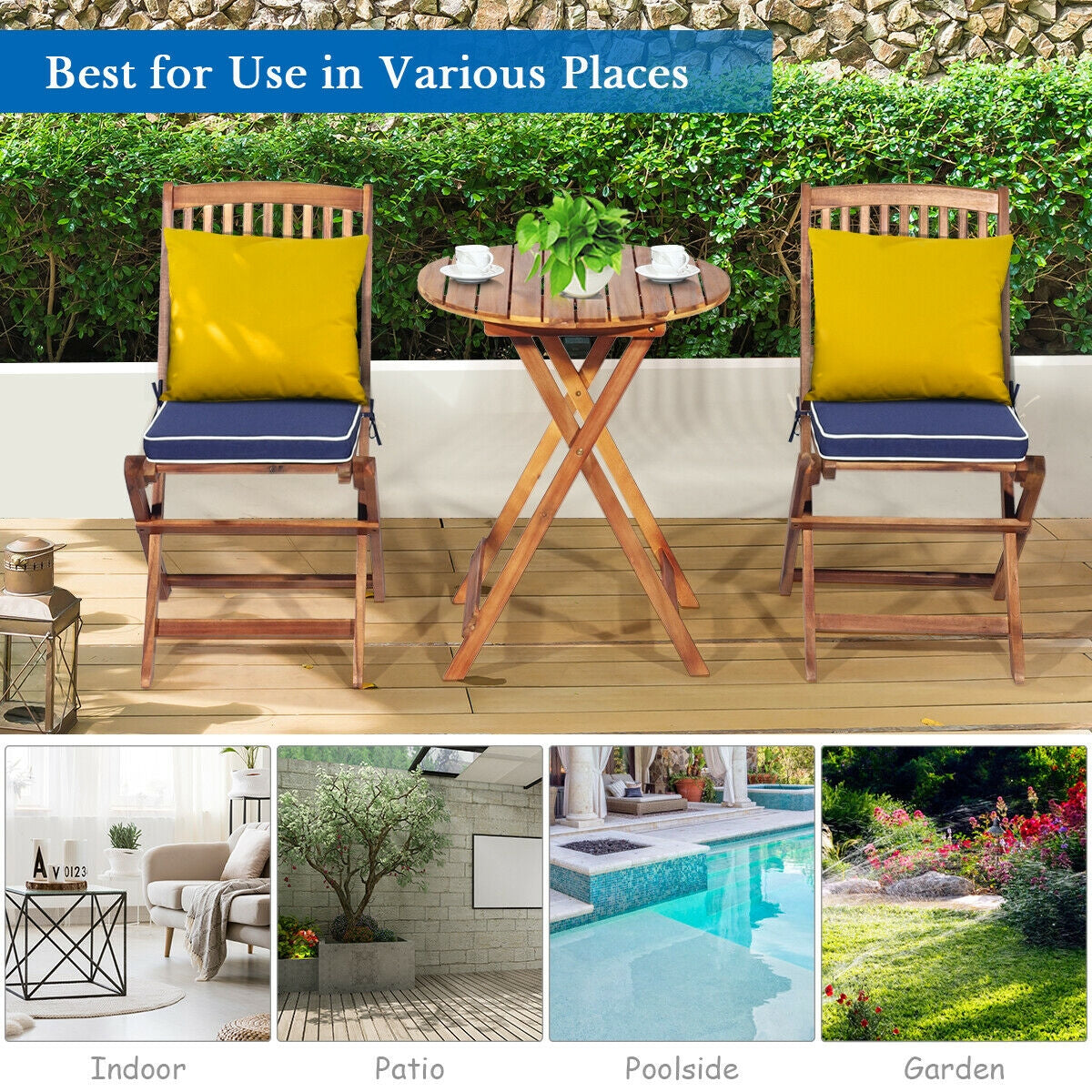3 Pieces Patio Folding Wooden Bistro Set Cushioned Chair-Navy