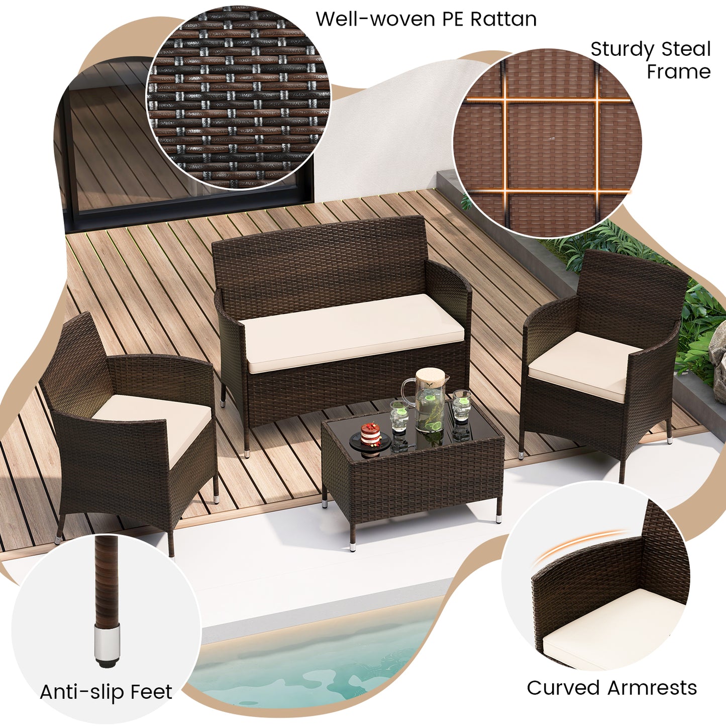 4 Pieces Comfortable Outdoor Rattan Sofa Set with Glass Coffee Table-Light Brown