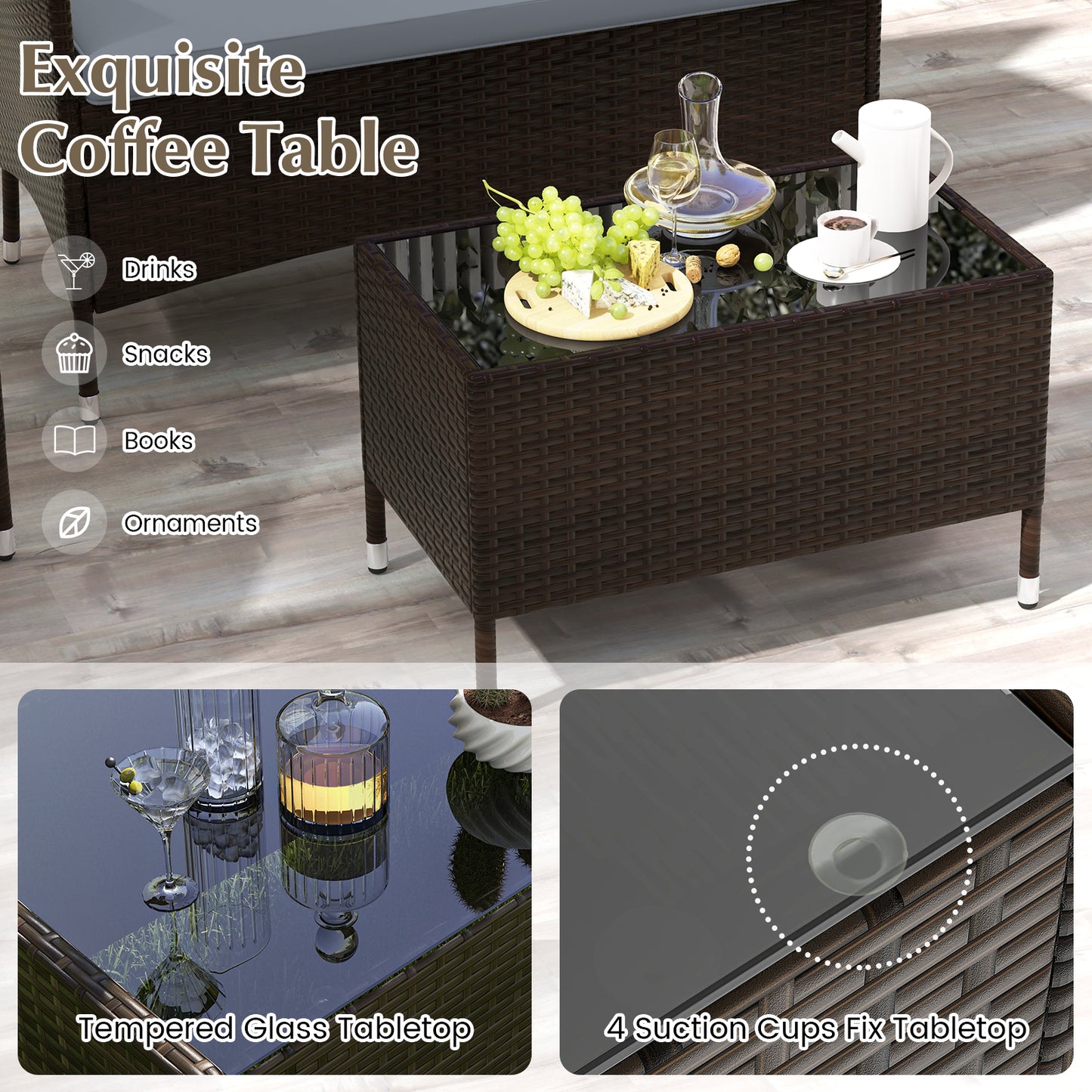 4 Pieces Comfortable Outdoor Rattan Sofa Set with Glass Coffee Table-Gray