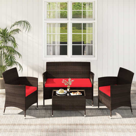 4 Pieces Comfortable Rattan Outdoor Conversation Furniture Set with Glass Table-Red