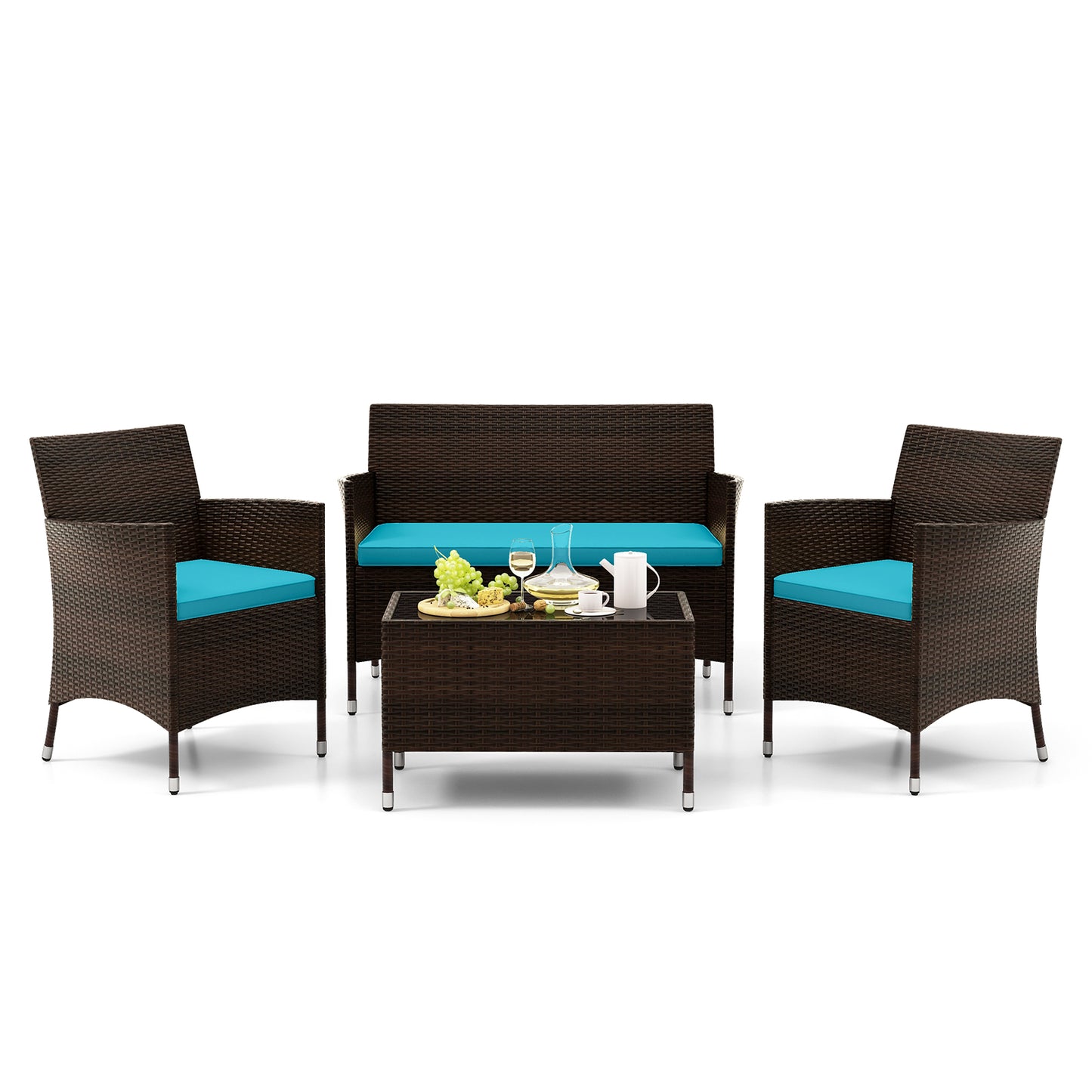 4 Pieces Comfortable Outdoor Rattan Sofa Set with Glass Coffee Table-Turquoise