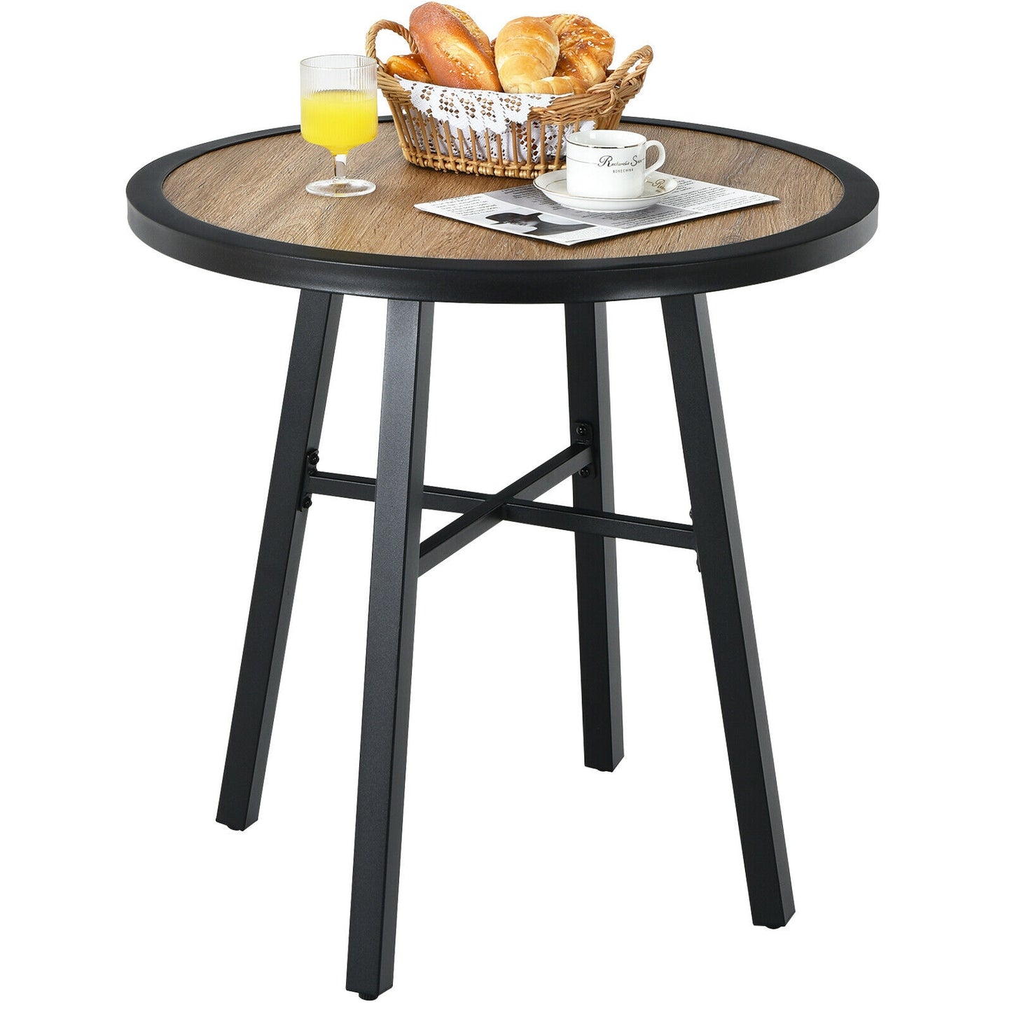 29 Inch Patio Round Bistro Metal Table with Wood-Like Top
