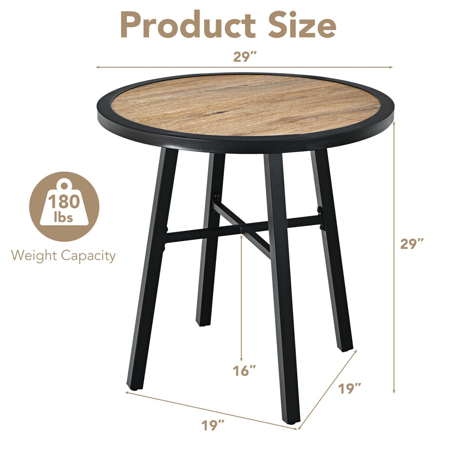 29 Inch Patio Round Bistro Metal Table with Wood-Like Top