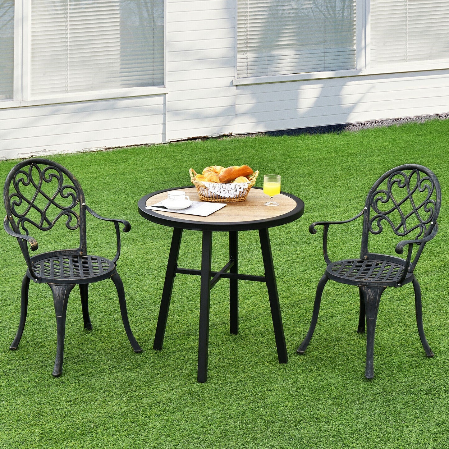 29 Inch Patio Round Bistro Metal Table with Wood-Like Top